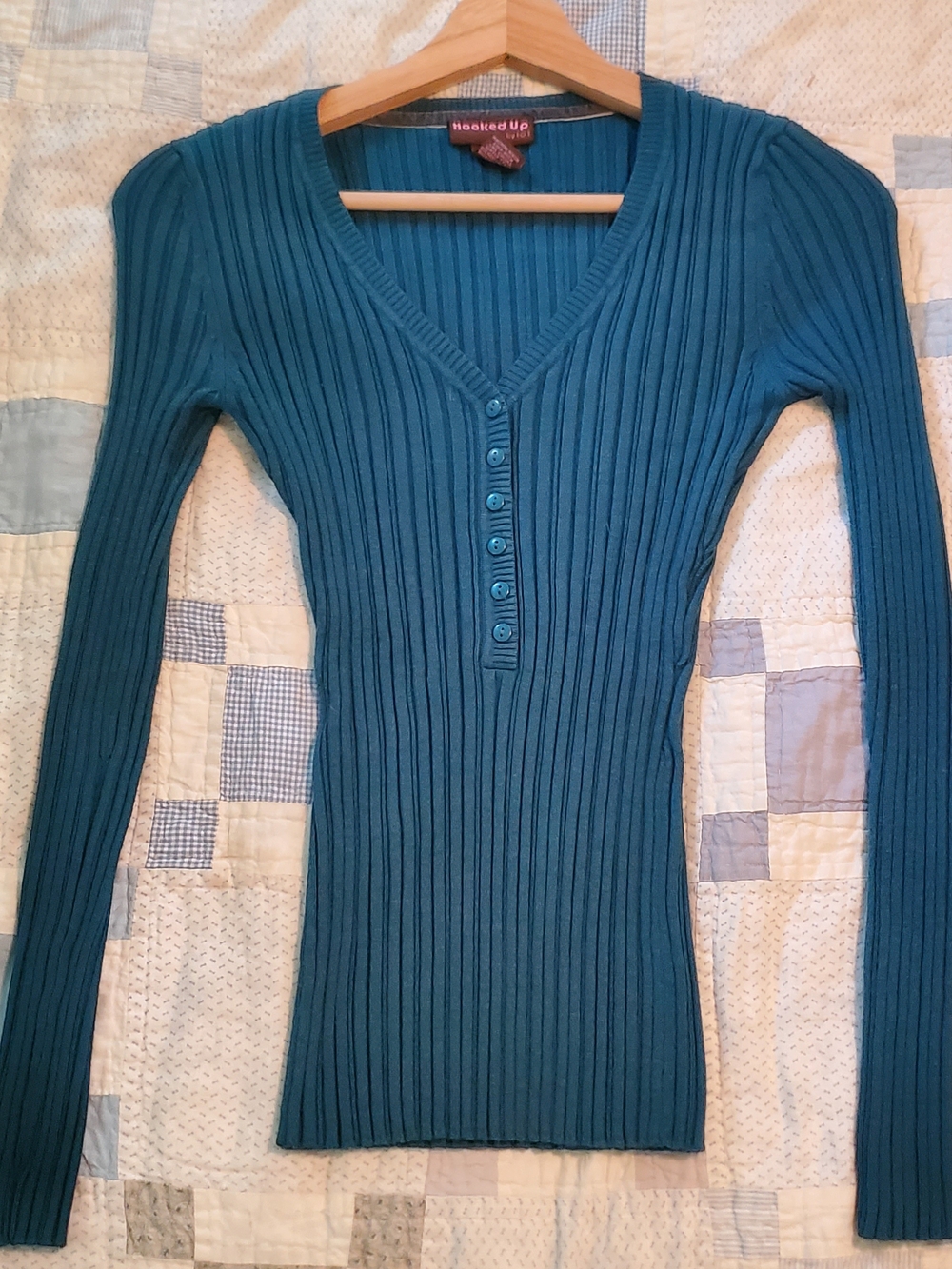 Vintage Cyber Y2K Teal Ribbed V‑Neck Henley Button Top Bodycon Fitted Base Layer